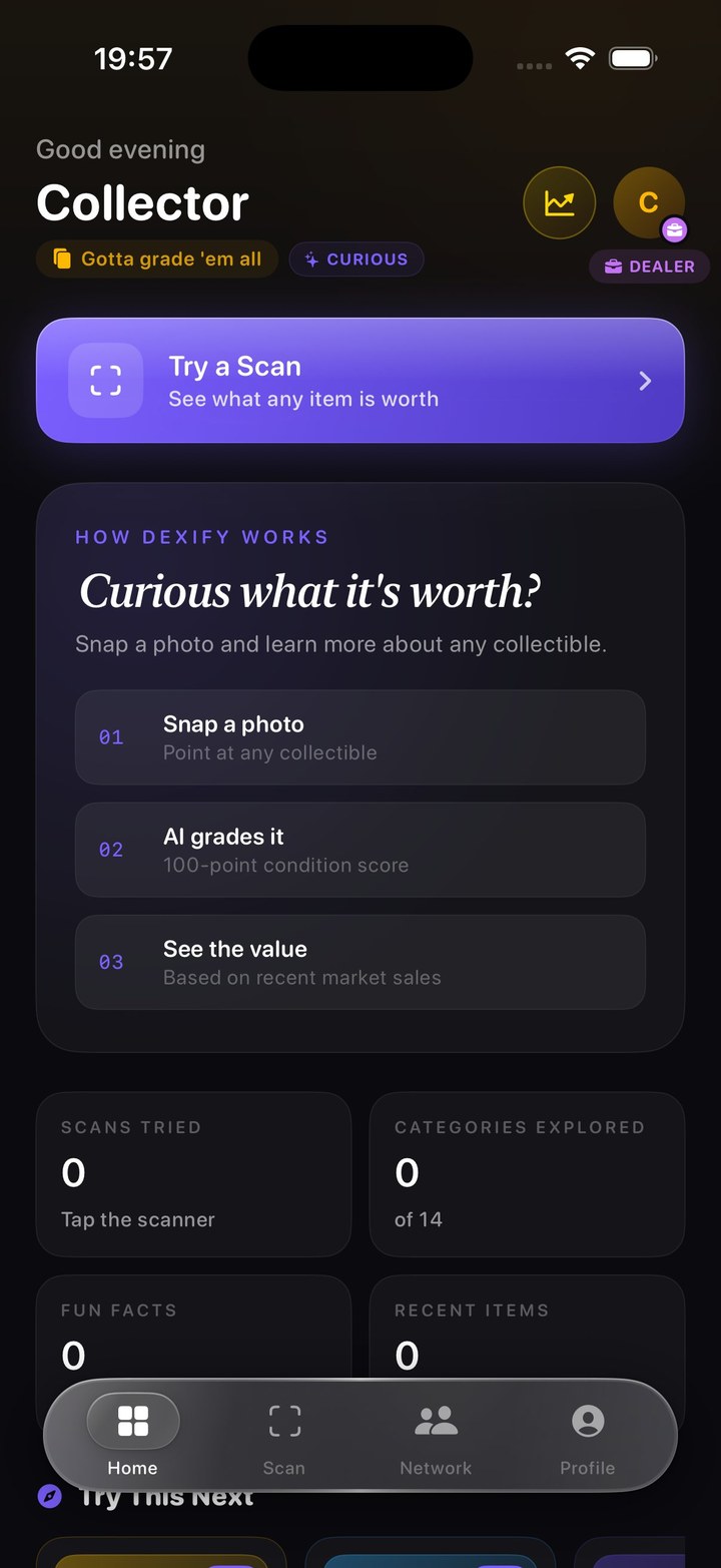 Dexify home — collector dashboard with live collection value