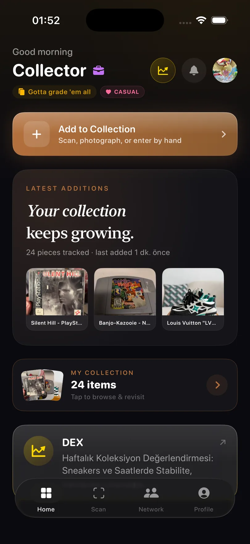 Dexify home — collection dashboard with latest additions and weekly insights