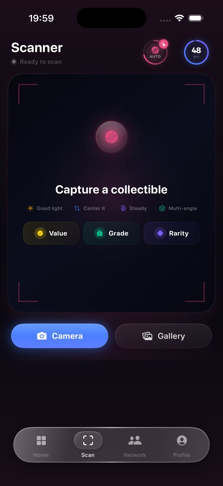 Dexify scanner — viewfinder ready to capture
