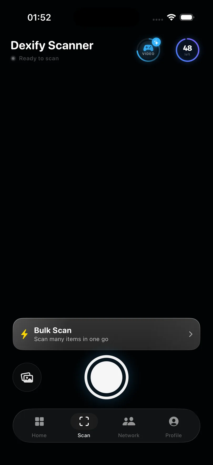 Dexify scanner — camera ready with bulk scan option